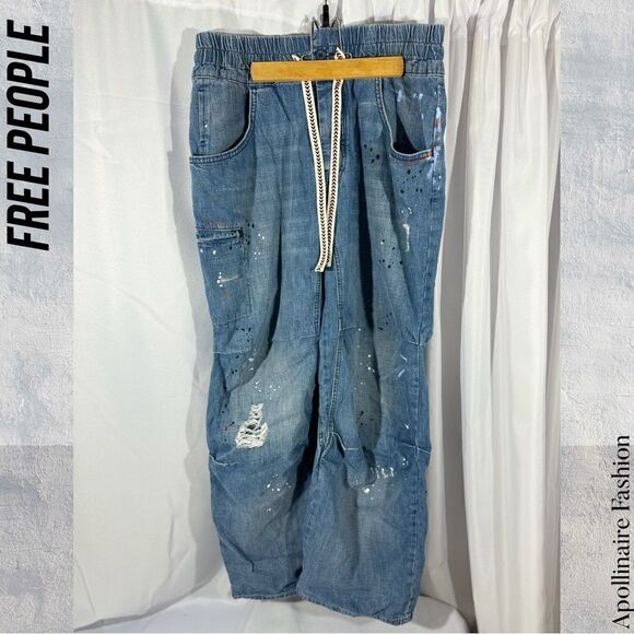 FREE PEOPLE MODERN LOVE PULL ON JEANS BLUE MOTIF PAINT SPLATTER MEDIUM NEW - Picture 7 of 8